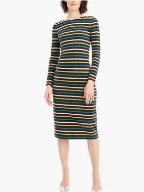 J. Crew Striped Long-Sleeve Midi Dress in Navy, Green, Pink & Gold